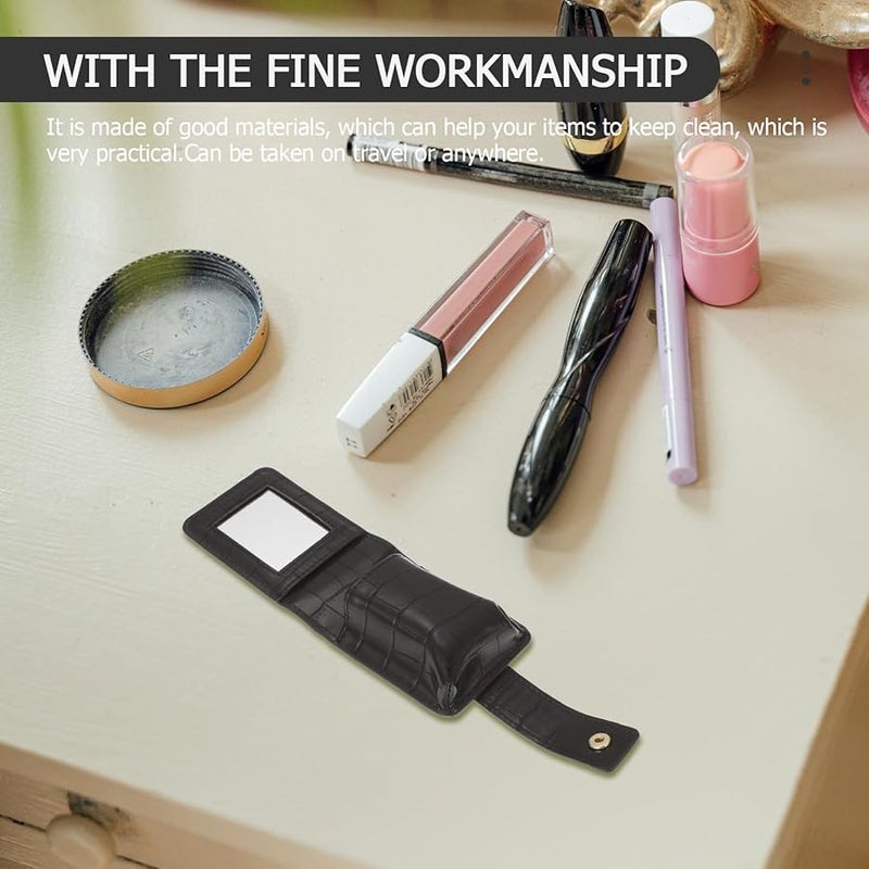Black Leather Lipstick Bag With Mirror Portable Travel Cosmetic Case For Women - Image 5